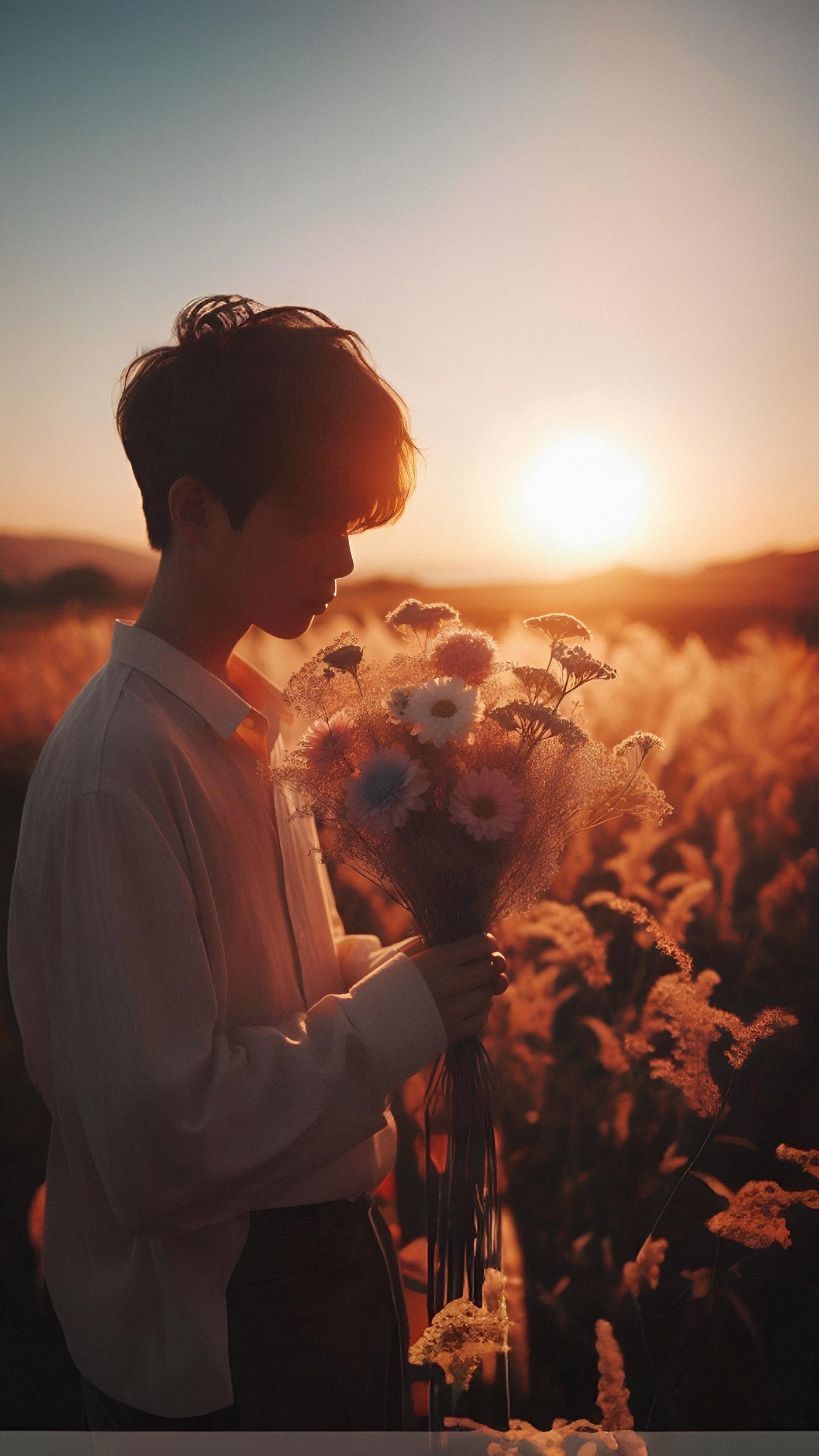 Sad Boy Aesthetic Holding Flowers in a Field at Sunset Wallpaper