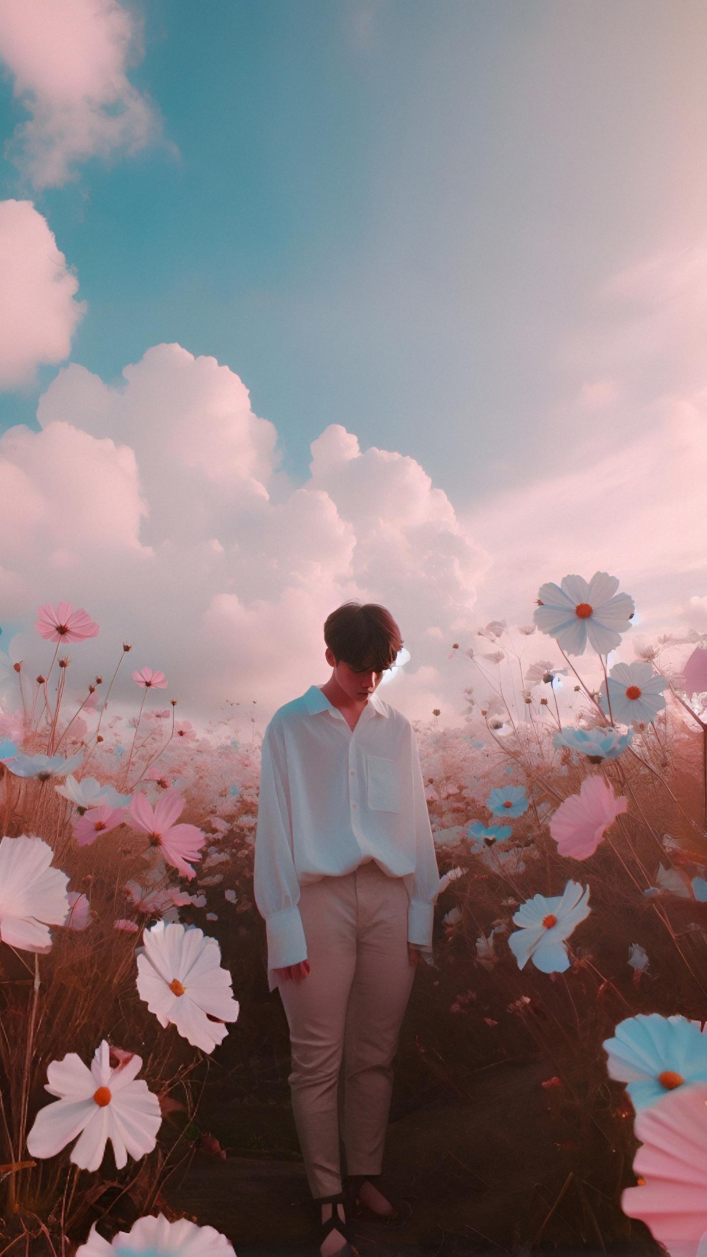 Sad Boy Aesthetic in a Pastel Flower Field Wallpaper