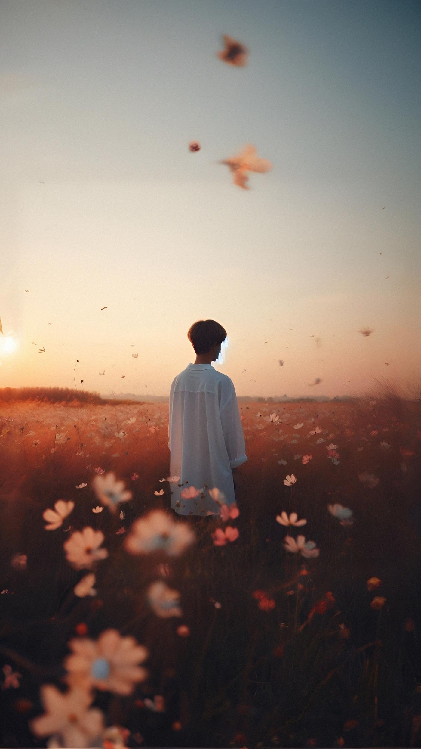 Sad Boy Aesthetic in a Field of Flowers at Sunset Wallpaper