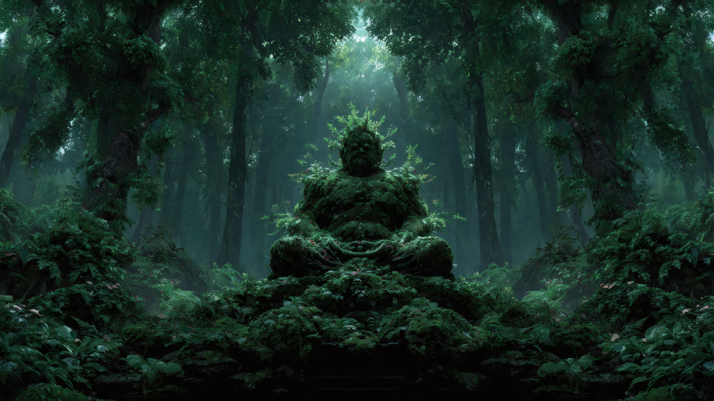 Mossy Statue Meditating in a Forest Clearing