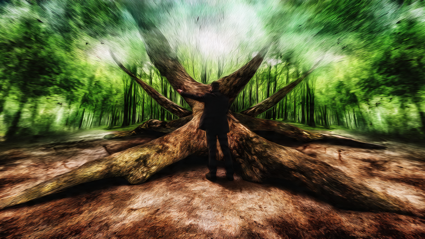 Man and Fallen Tree in Forest Painting