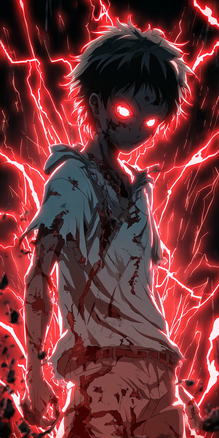 Anime Character with Red Glowing Eyes and Blood