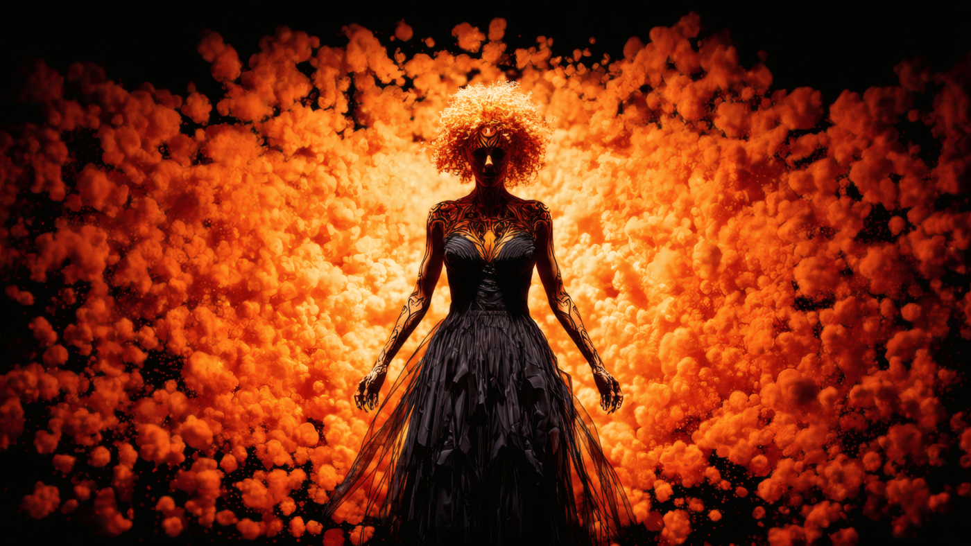 Woman in Dress with Ethereal Orange Clouds