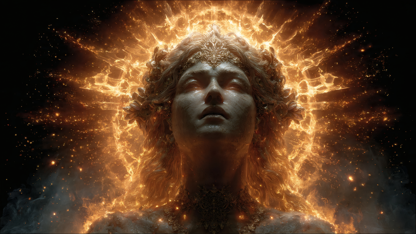 Glowing Woman Statue with Golden Energy