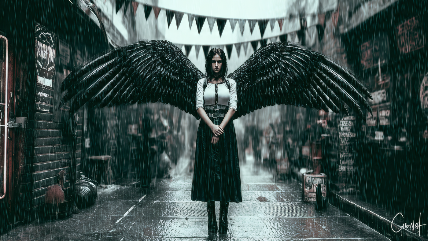 Fallen Angel Standing in Rain Dark Cinematic