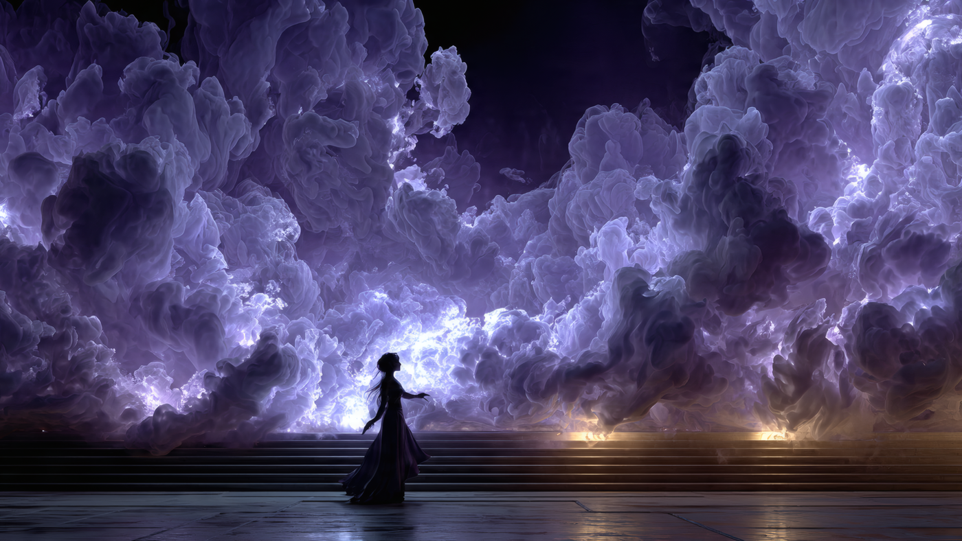 Ethereal Woman Against Abstract Purple Clouds