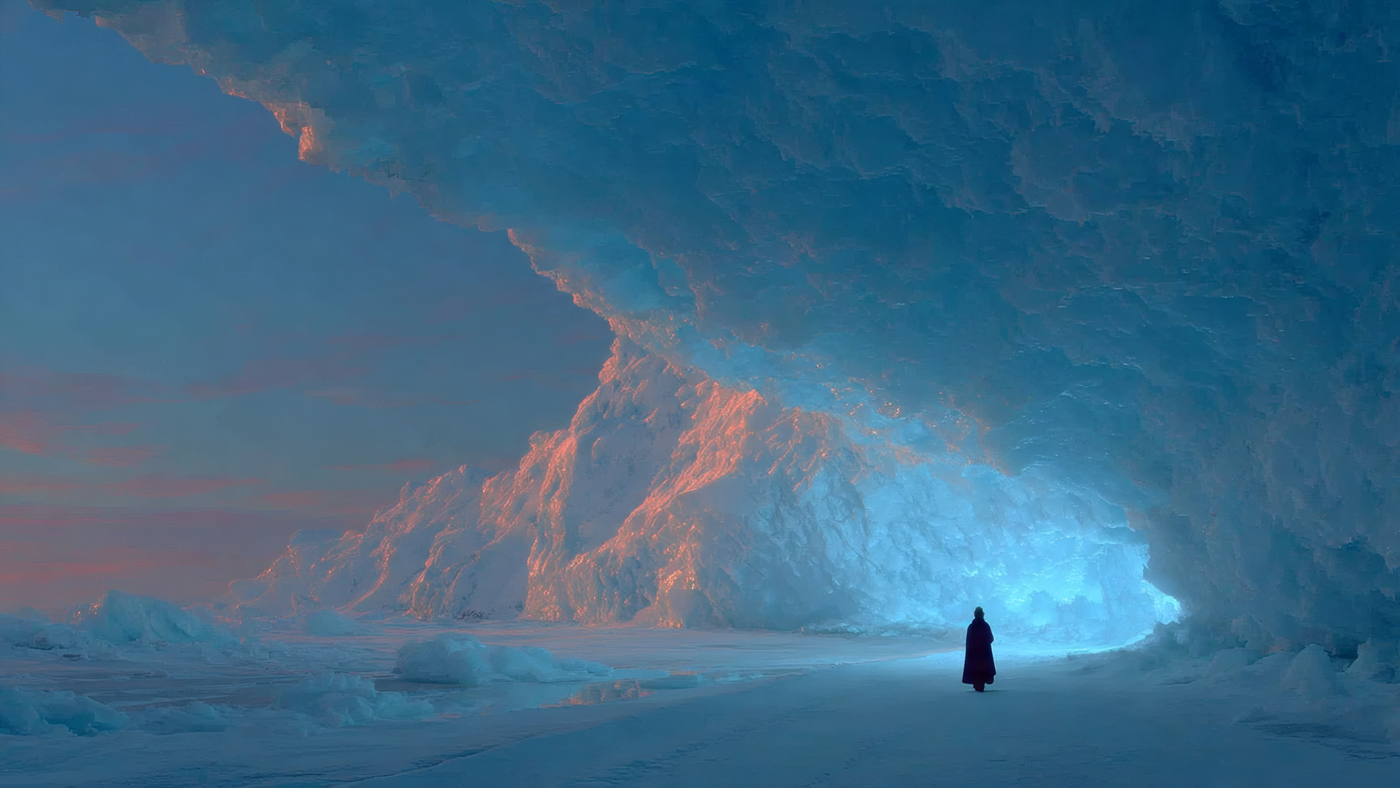 Person in an Ice Cave at Sunset Wallpaper
