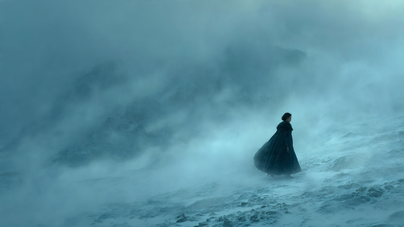 Person in a Cloak in Snowy Landscape