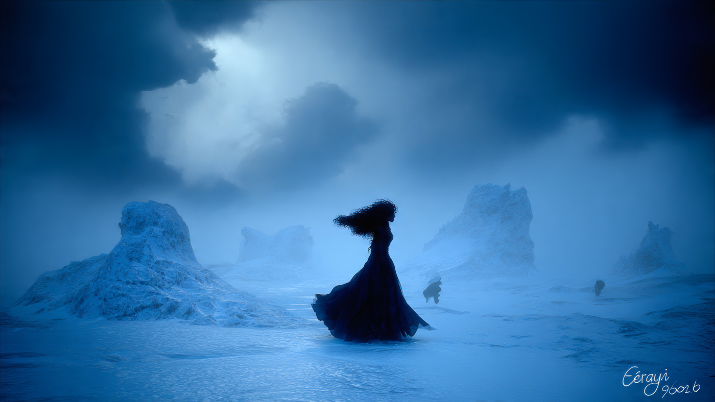 Woman in Dress on Snowy Landscape