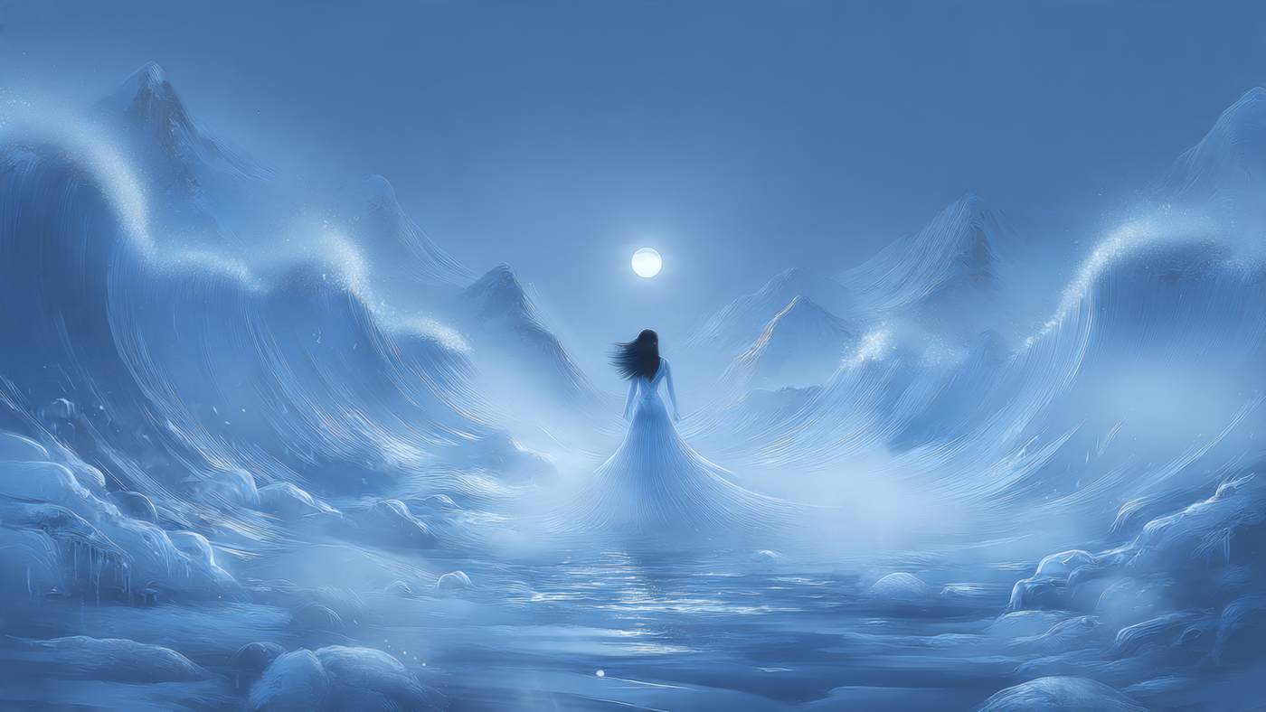 Frozen Landscape Woman in White Dress