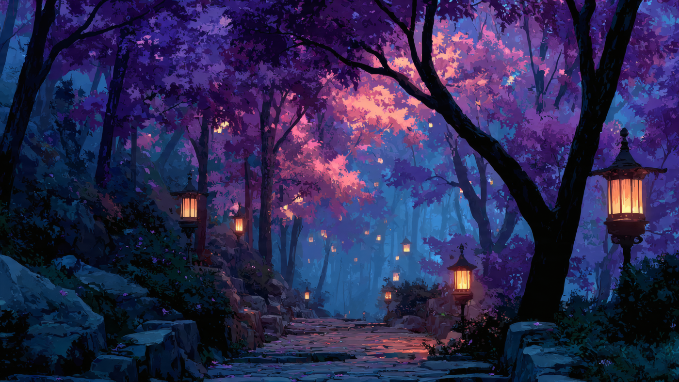 Fantasy Forest Path with Lanterns Wallpaper