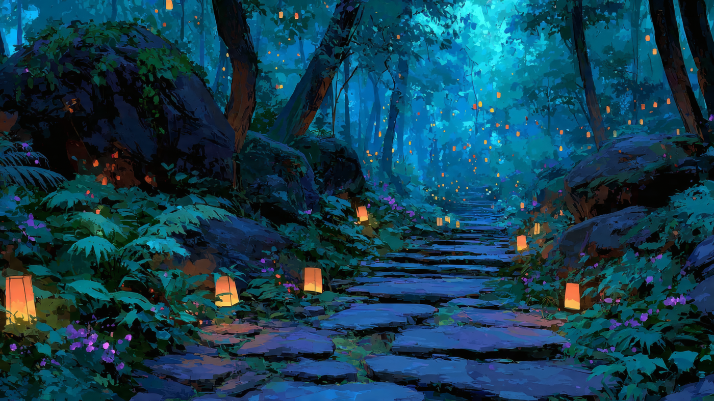 Magical Forest Pathway with Lanterns