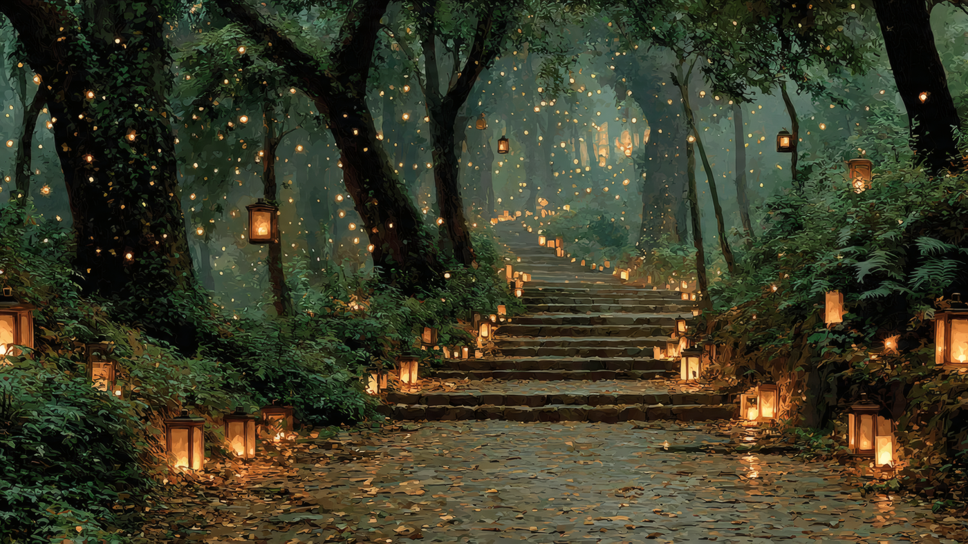 Enchanted Forest Path with Lanterns Wallpaper