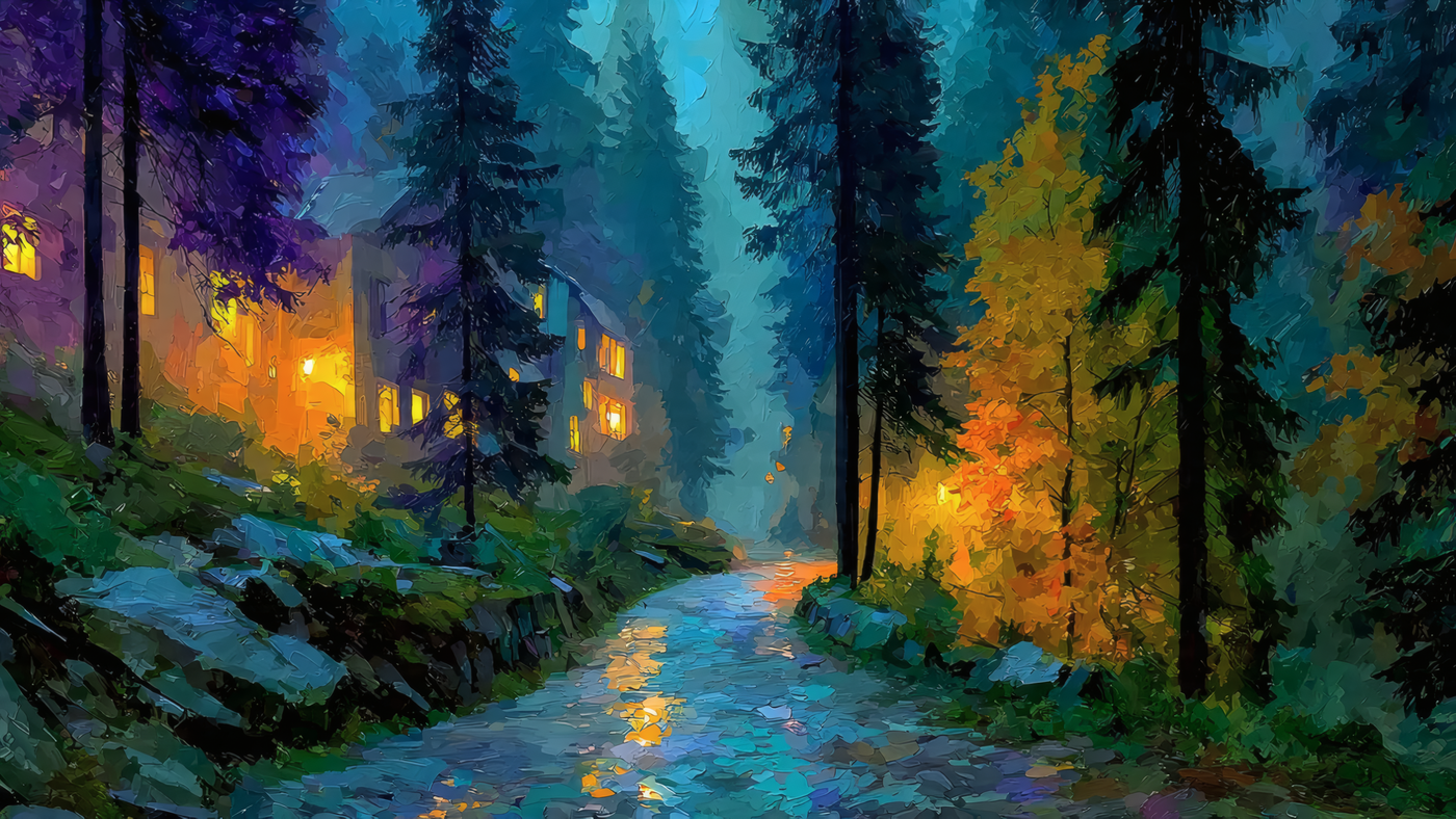 Painting of House in Forest with Road
