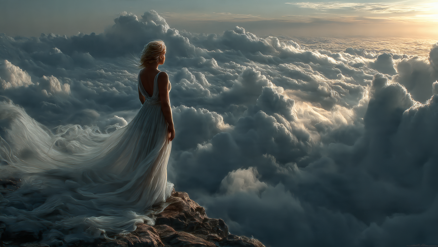 Woman in Dress Above Clouds