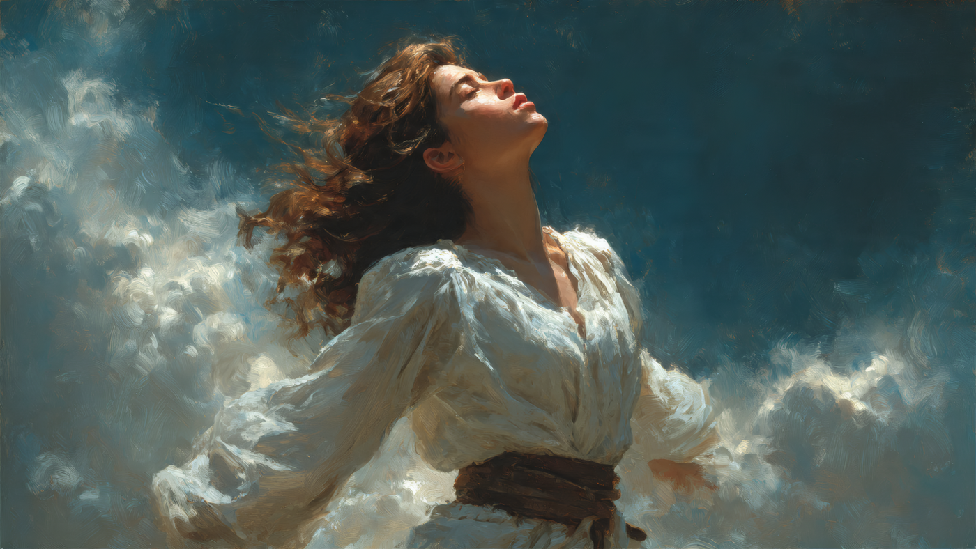 Woman in White Dress with Clouds Art