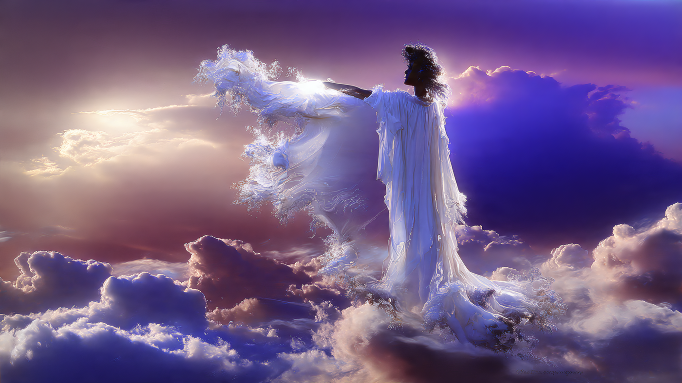 Woman in White Gown Sky Clouds