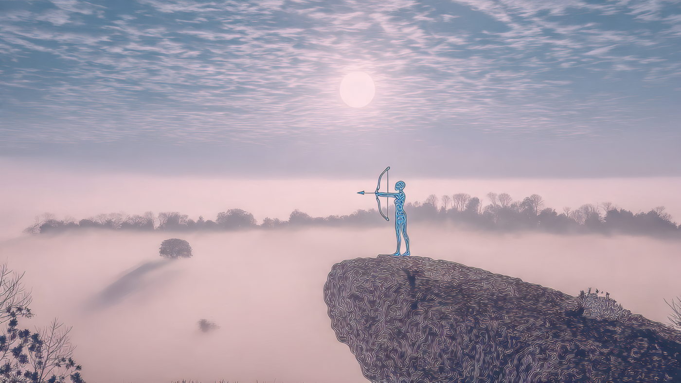 Archer Silhouette on a Misty Cliff