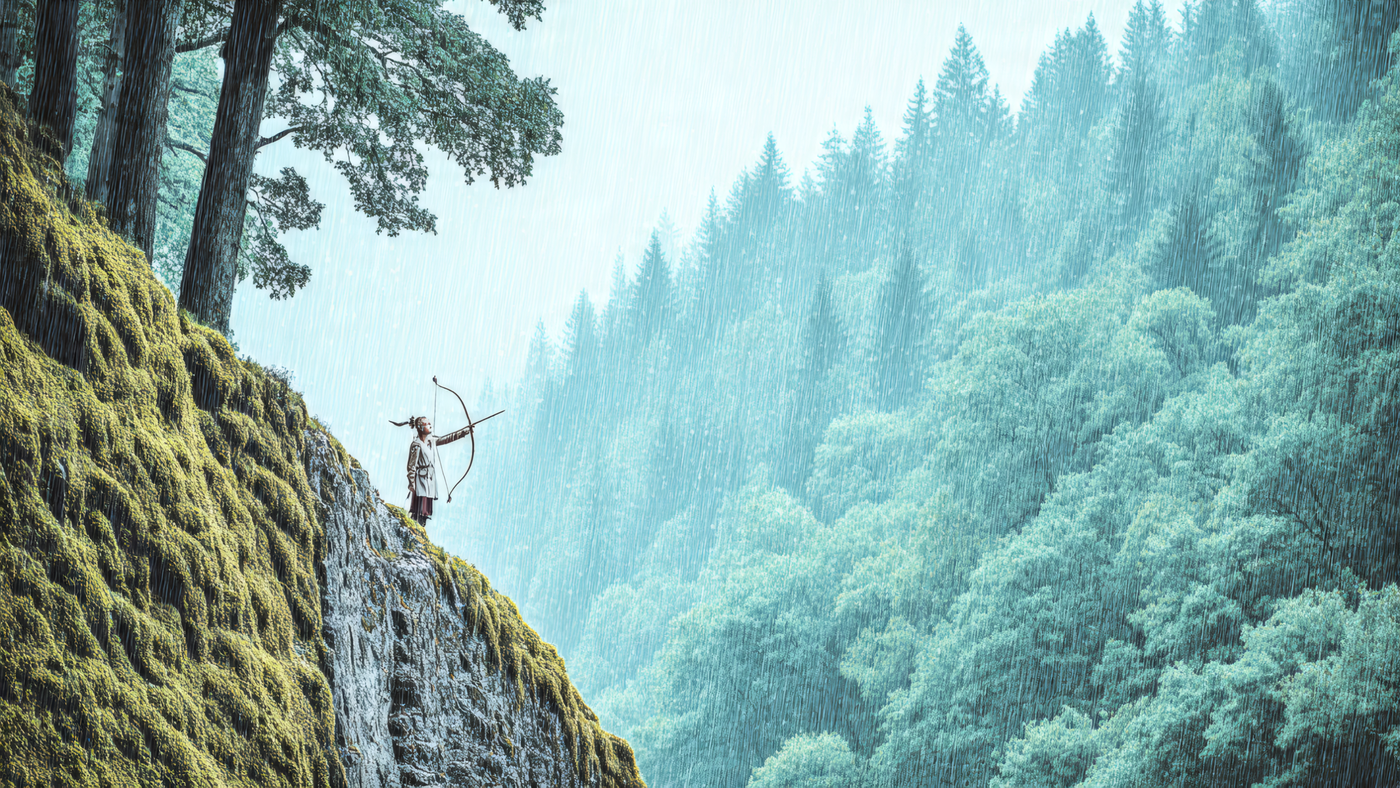 Archer on Cliff in Rainy Forest