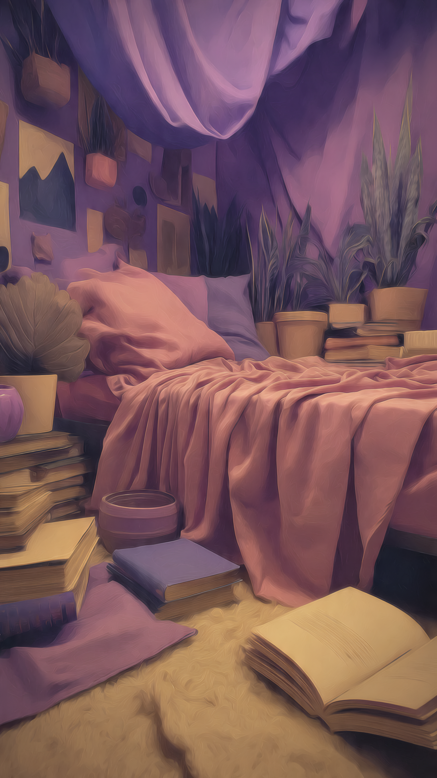 Cozy Bedroom Nook with Books and Plants