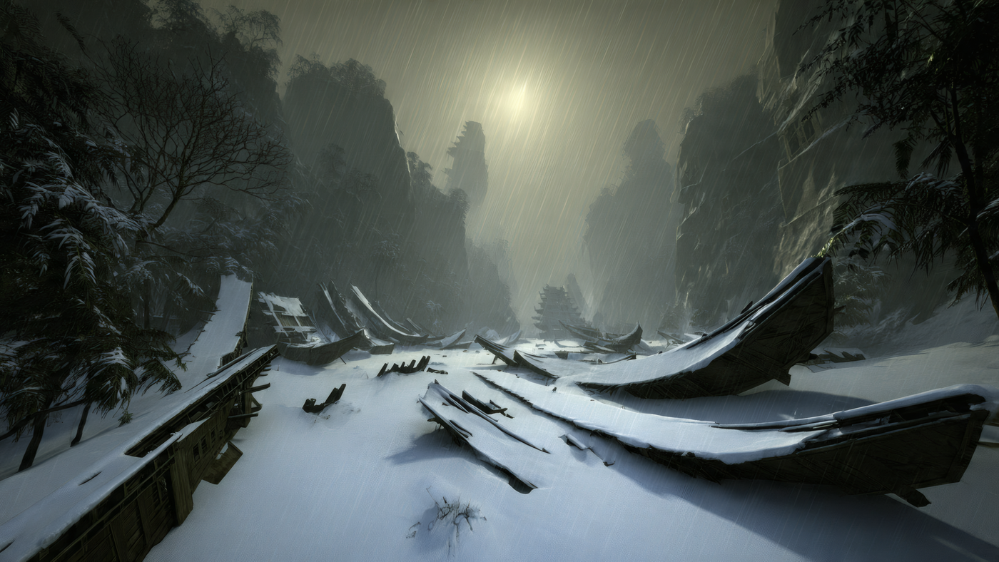 Winter Landscape with Abandoned Boats Wallpaper