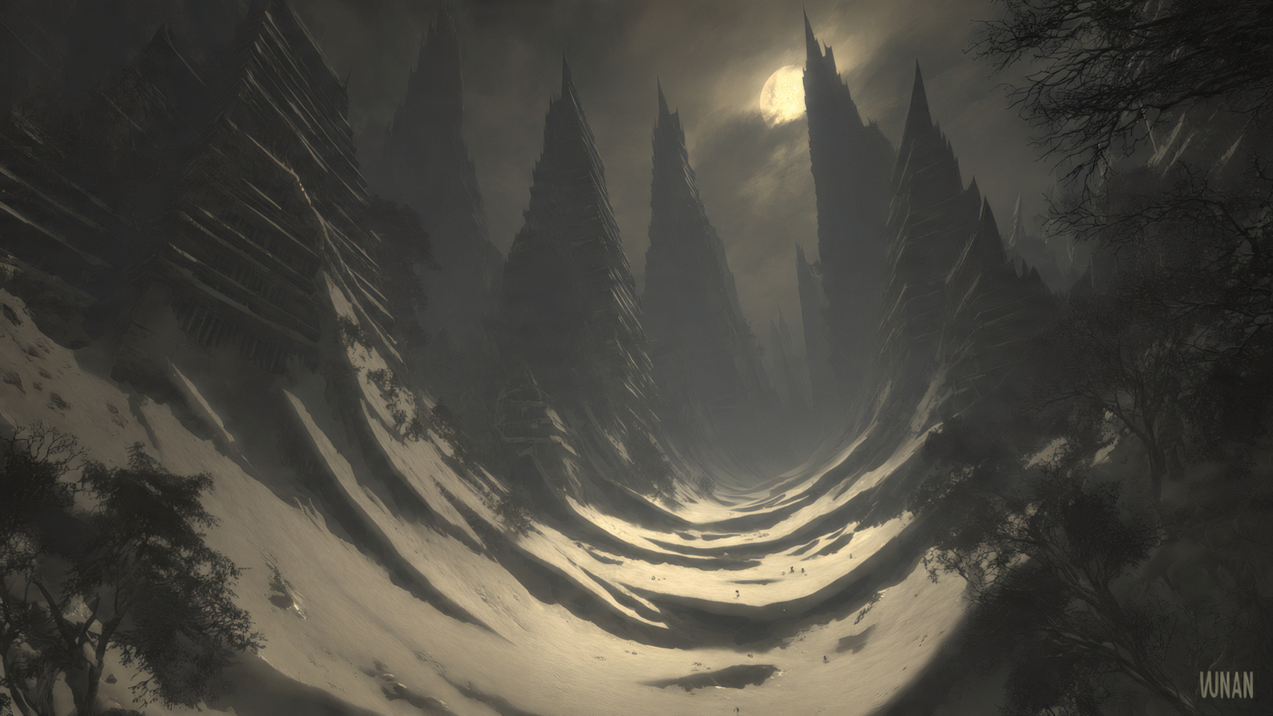 Dramatic Snowy Landscape with Sharp Peaks Wallpaper