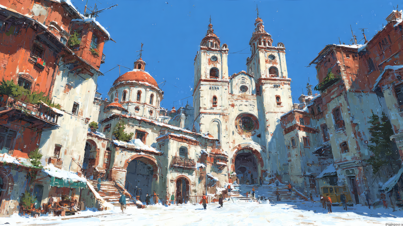 Snowy European Town Square Painting