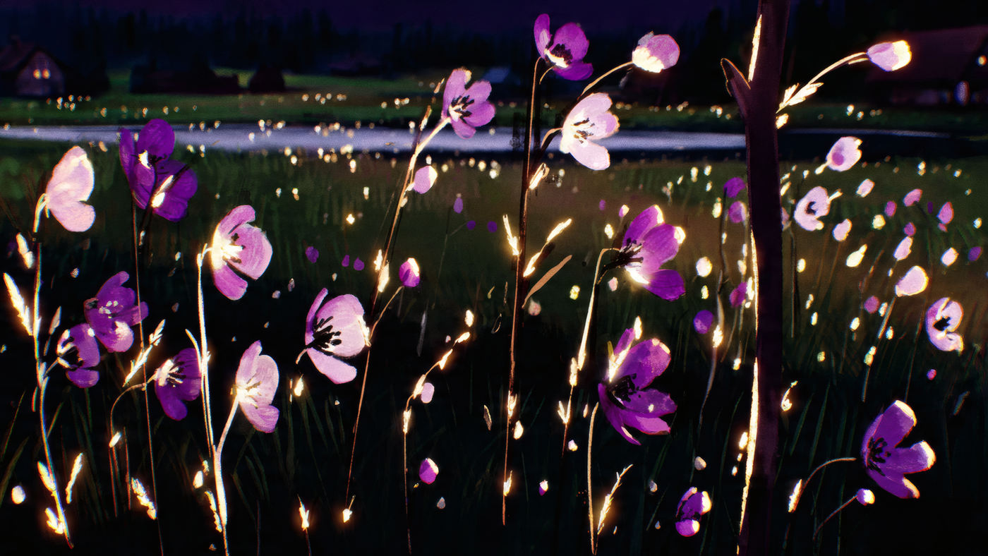 Purple Flowers Field at Night Painting