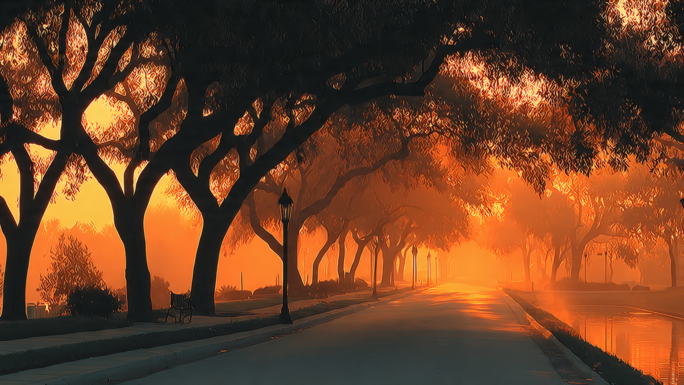 Scenic Street at Sunrise with Trees and Bench Wallpaper