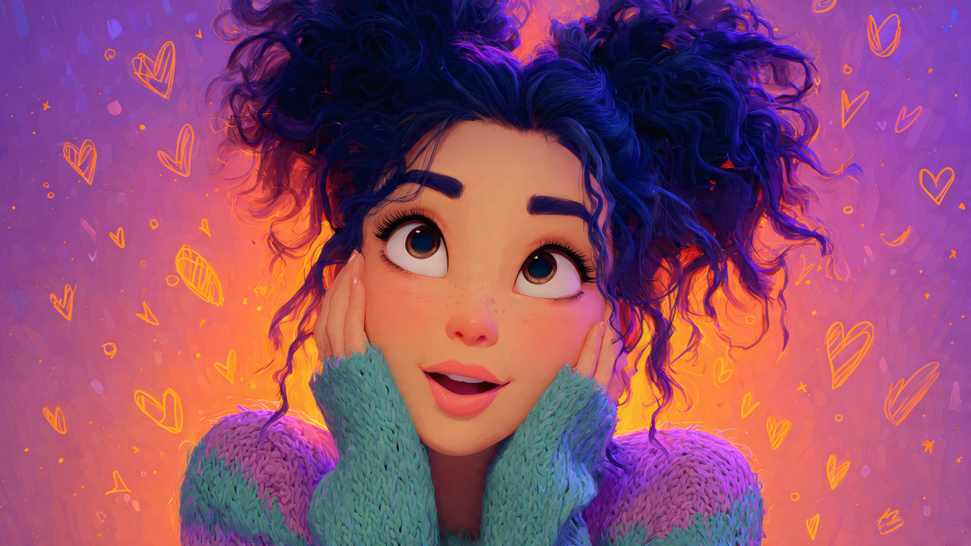 Cartoon Girl with Blue Curly Hair Art