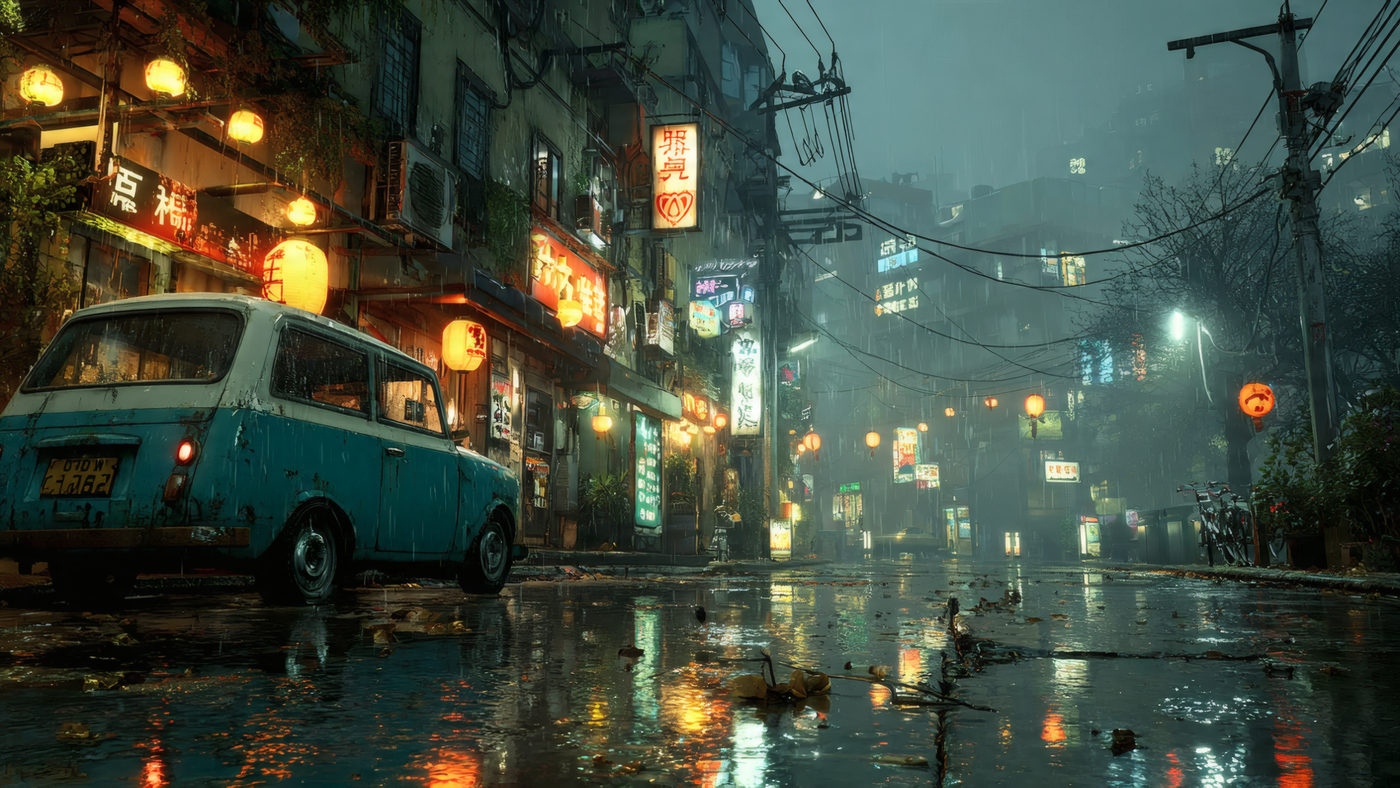 Rainy Night Street with Classic Car