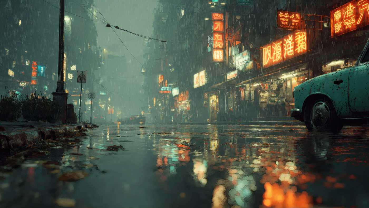 Rainy City Street with Neon Signs and Car