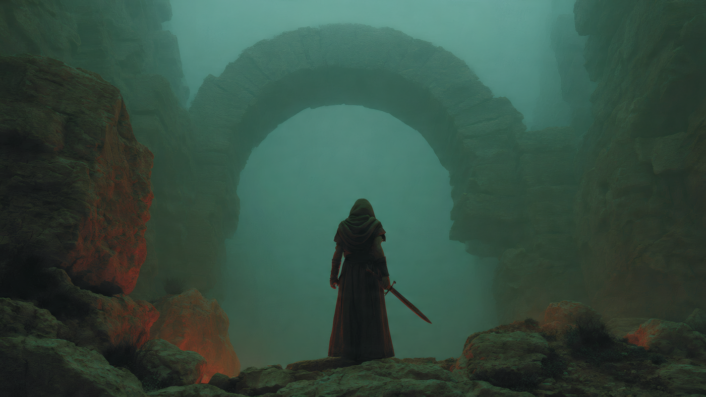 Mysterious Figure with Sword Near Stone Arch