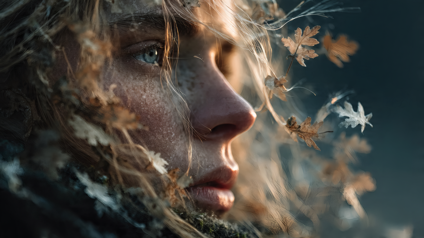 Close-up of Woman's Face with Leaves