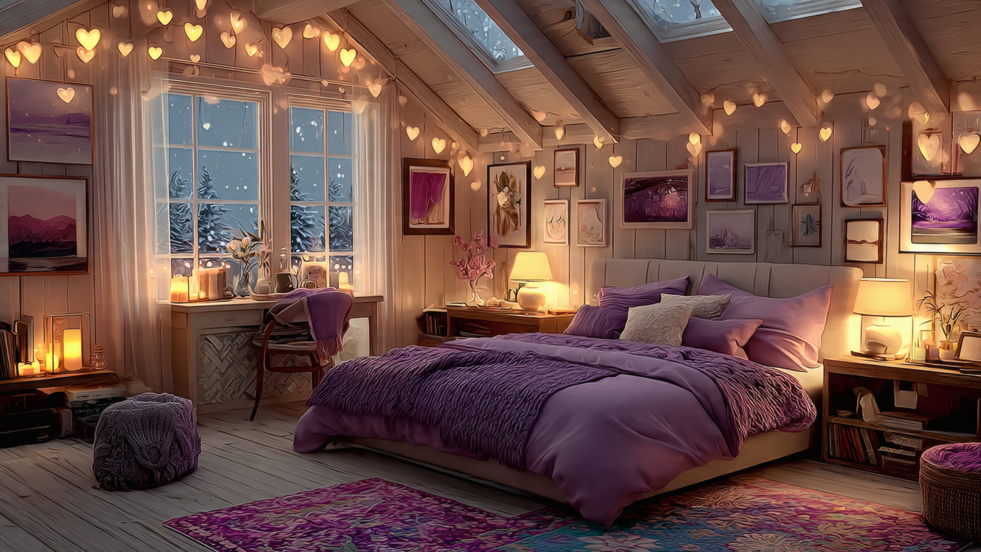 Romantic Purple Bedroom with Heart Lights
