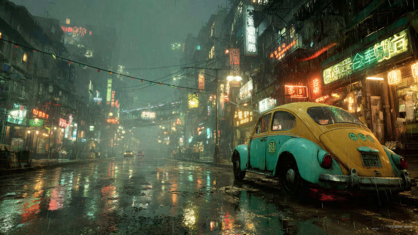 Volkswagen Beetle in Rainy Cityscape