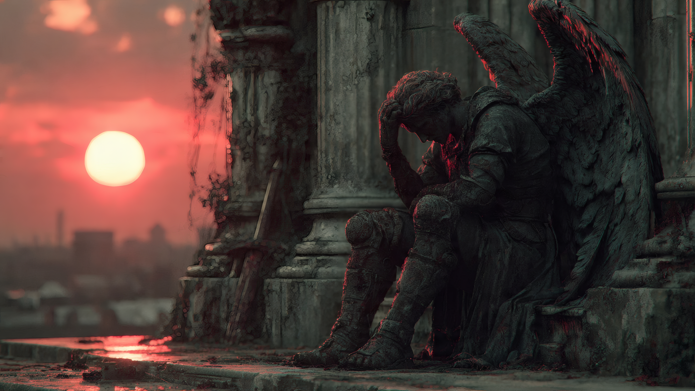 Angel Statue Silhouette Against Red Sky