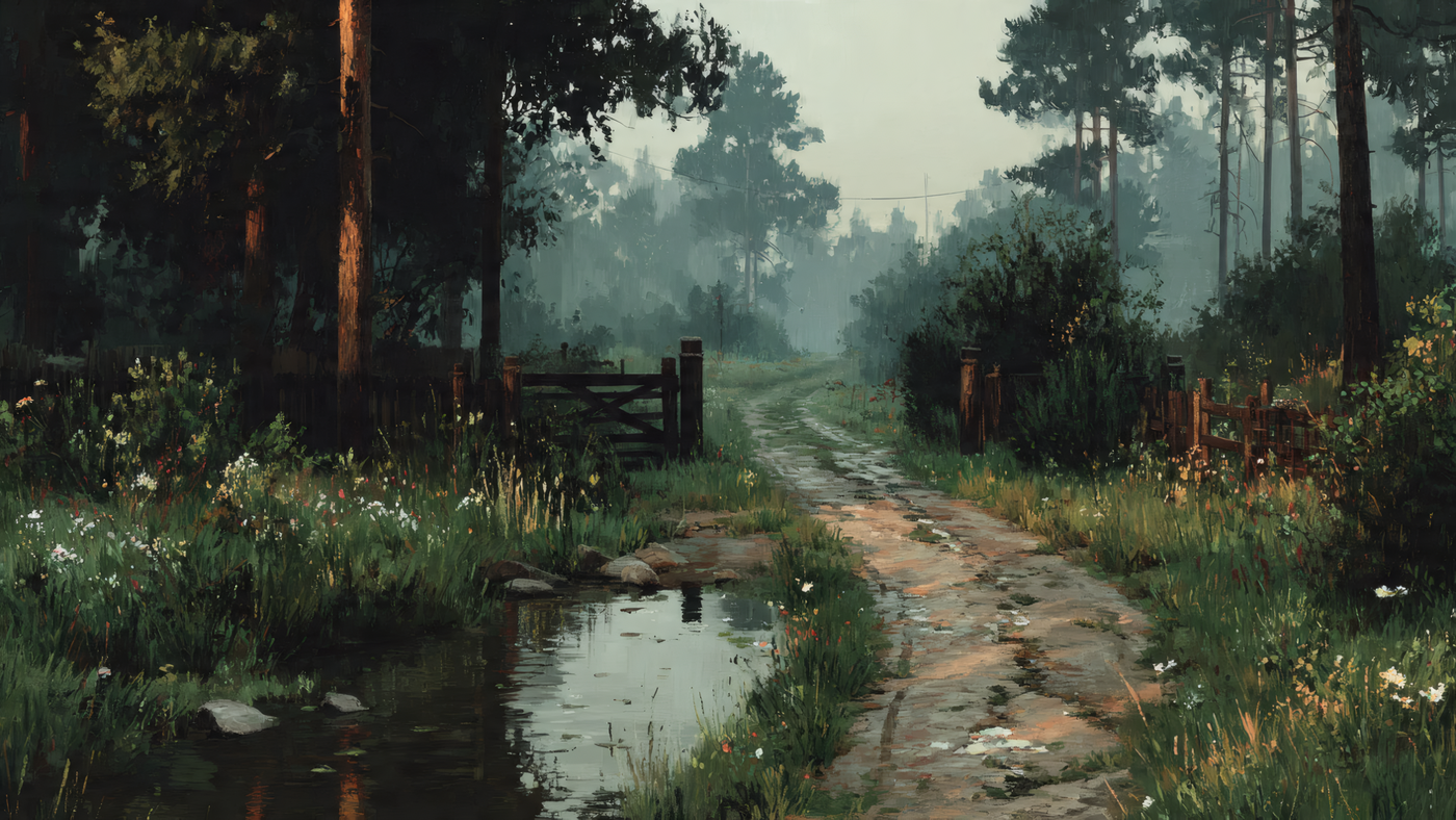 Misty Forest Road Scene with Water