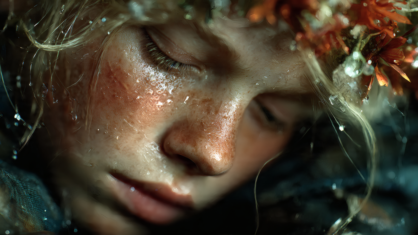 Woman's Face with Flowers and Water