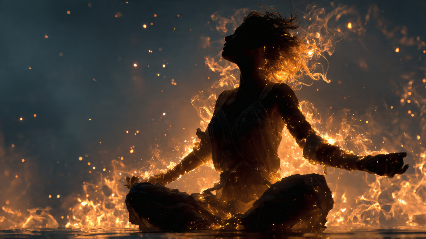 Meditating Woman Surrounded by Fire