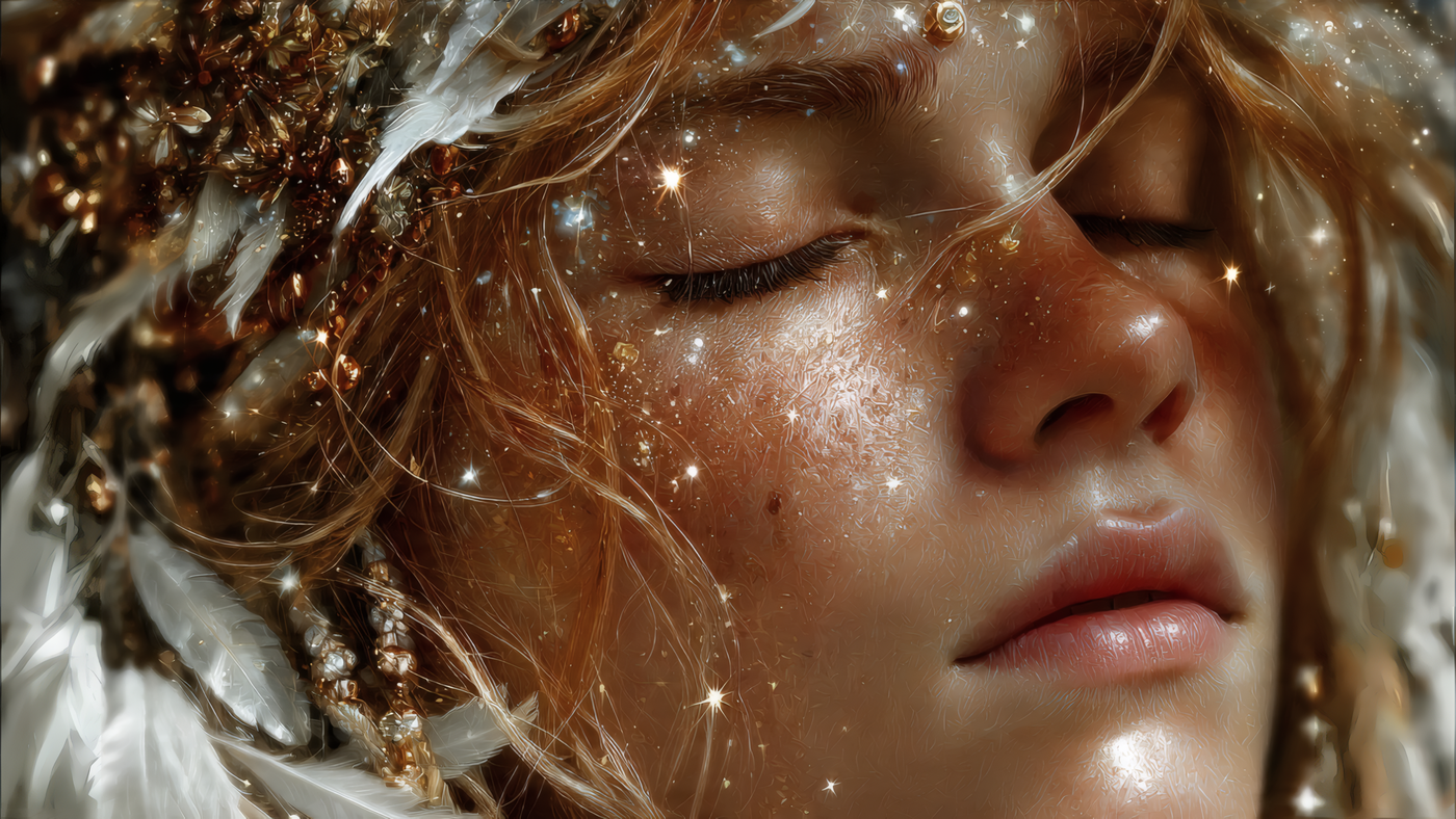 Dreamy Woman with Stars and Feathers