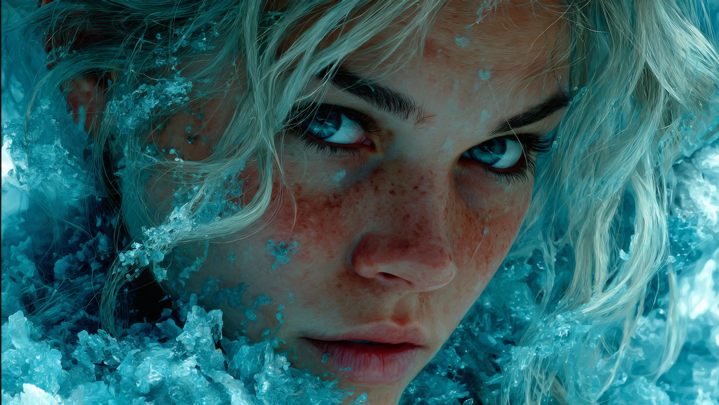 Icy Beauty Portrait with Freckles and Blue Eyes
