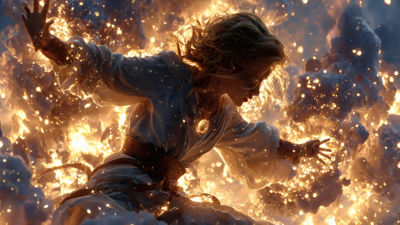 Woman Surrounded by Fire and Light
