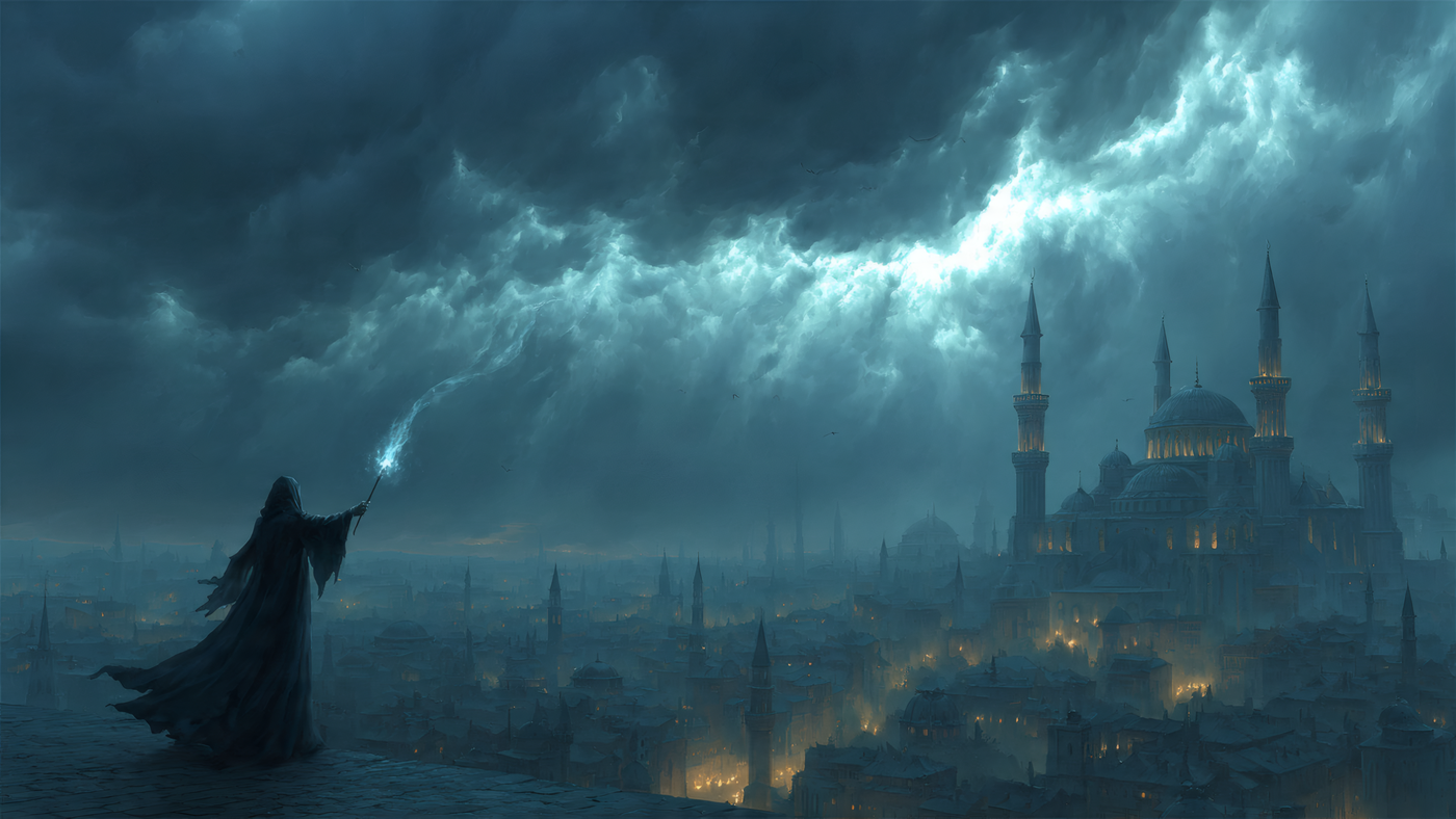 Wizard Casting Spell over Fantasy City