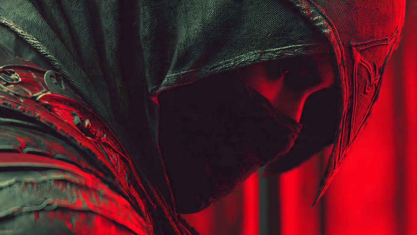Hooded Figure with Armor Detail in Red Light Wallpaper