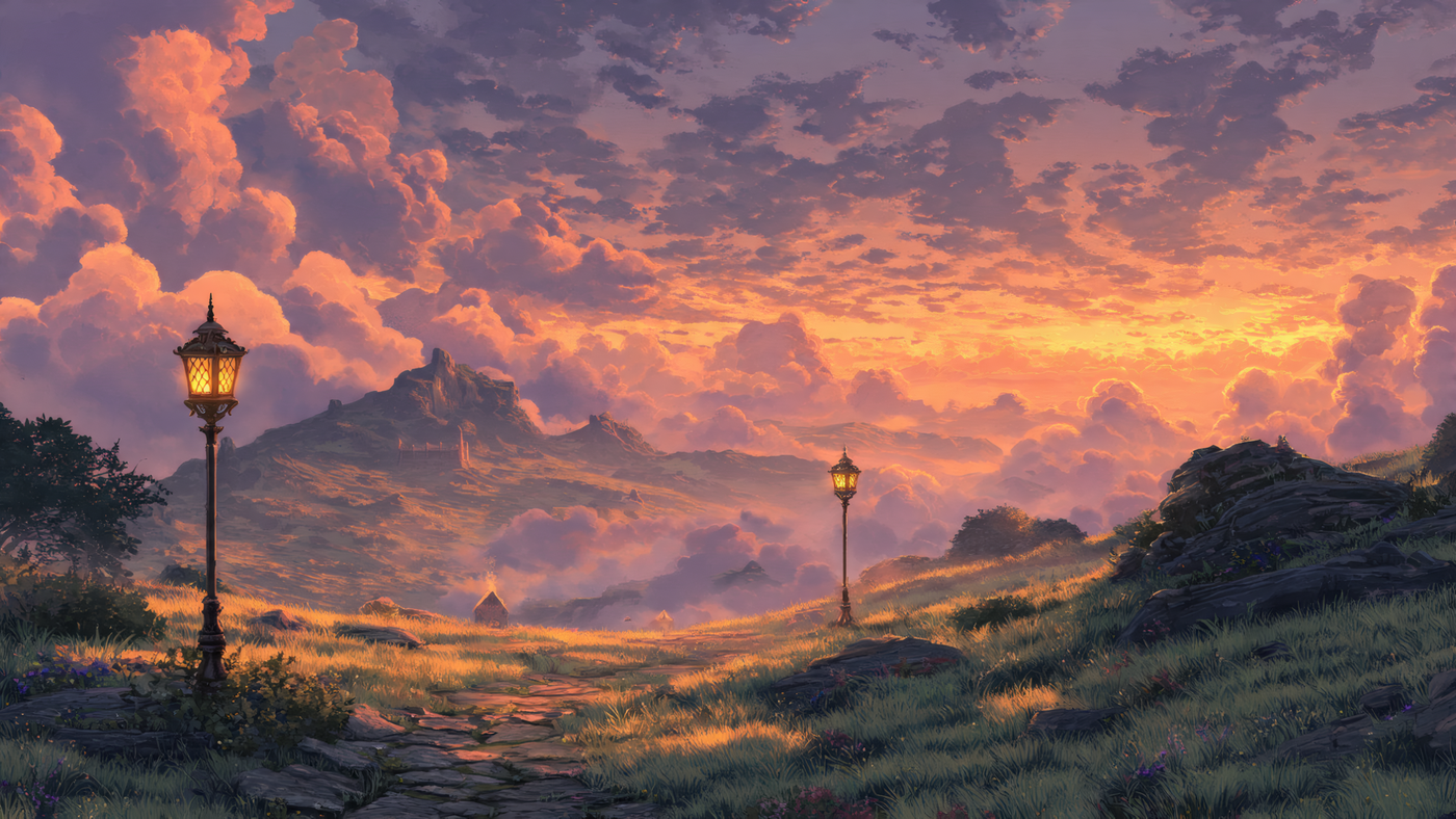 Fantasy Landscape with Lampposts at Sunset Wallpaper