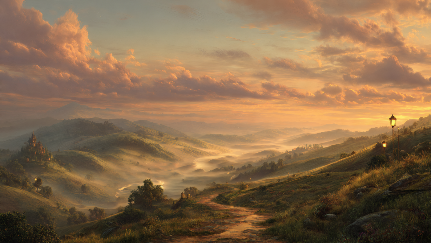Rolling Hills Landscape at Sunset Wallpaper