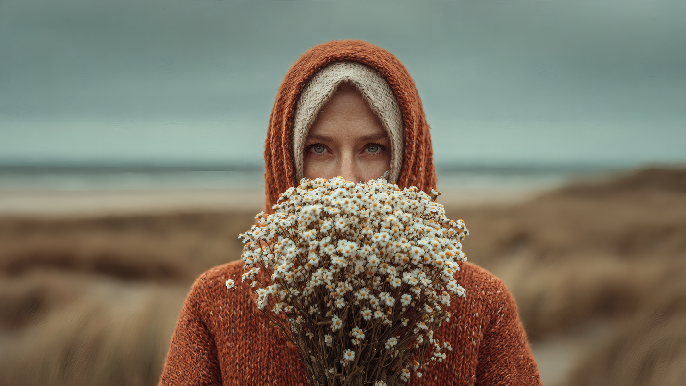 Woman Holding White Flowers by the Sea