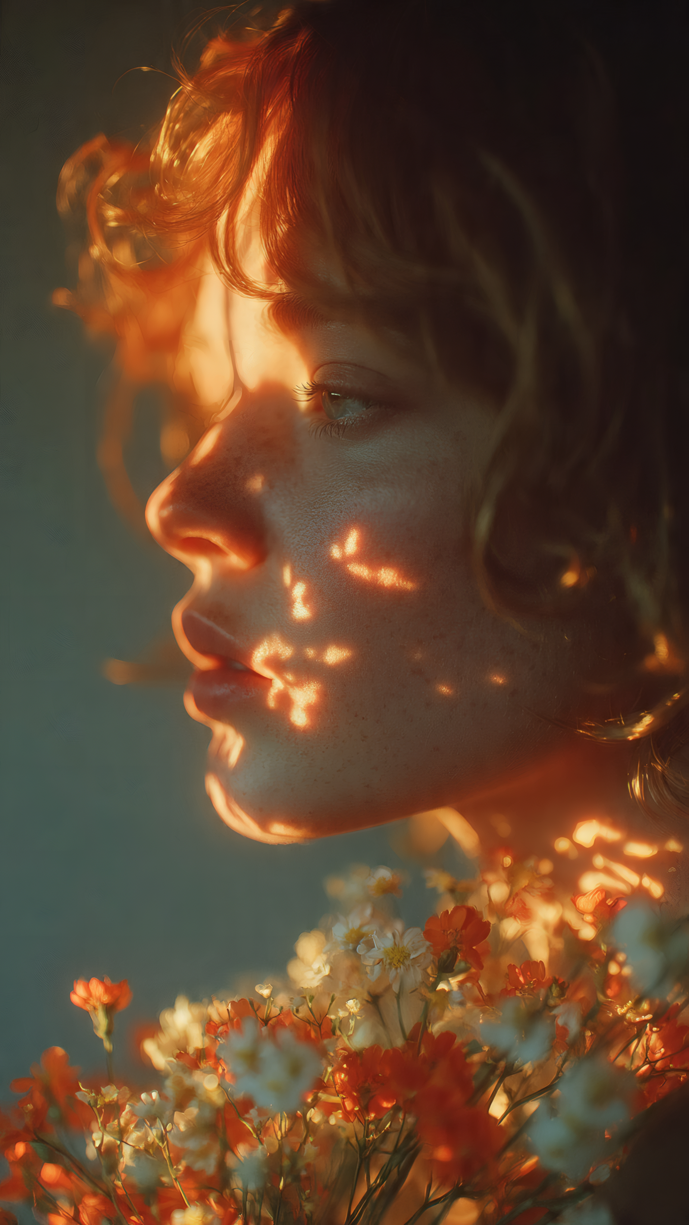 Woman Profile with Flowers and Sunlight