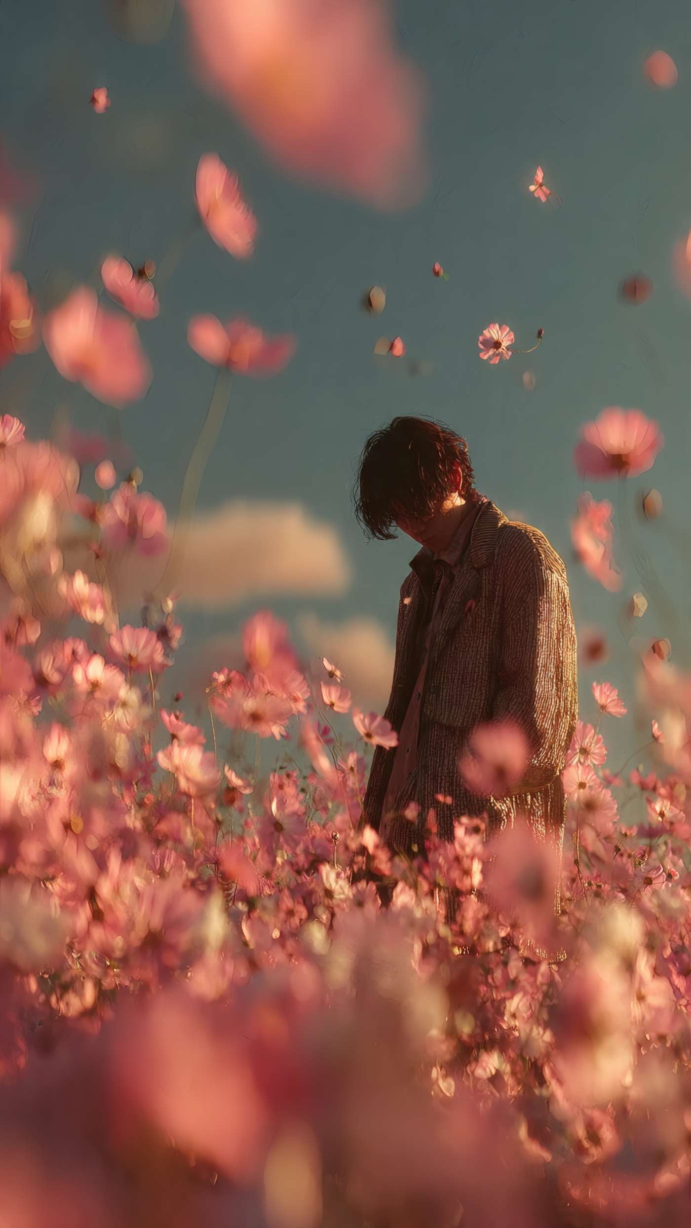 Man in Flower Field with Pink Cosmos